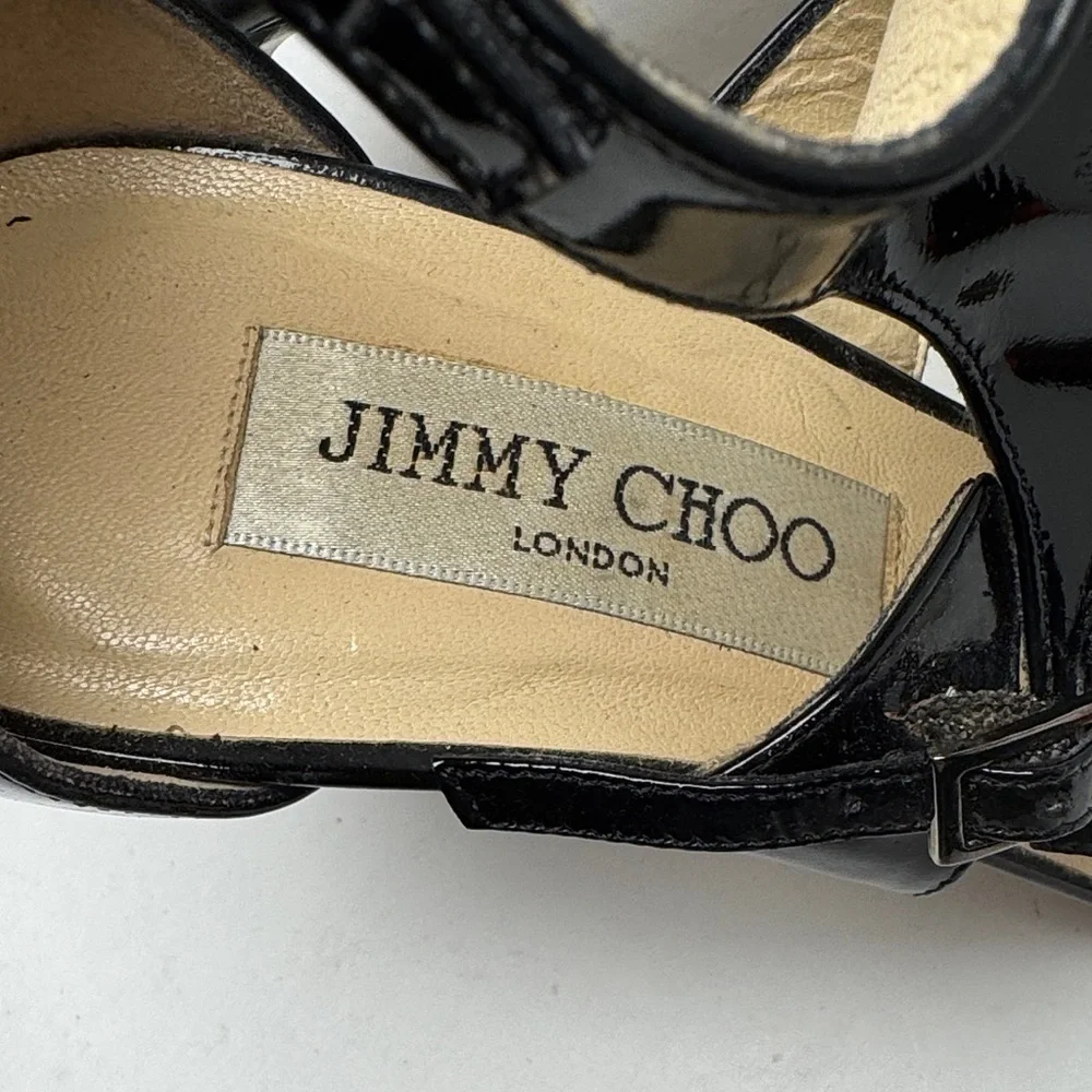 JIMMY CHOO Lotus Glossy Black‎ Patent Leather Cut Out Strappy 3" Heels Size 36 - Picture 6 of 15